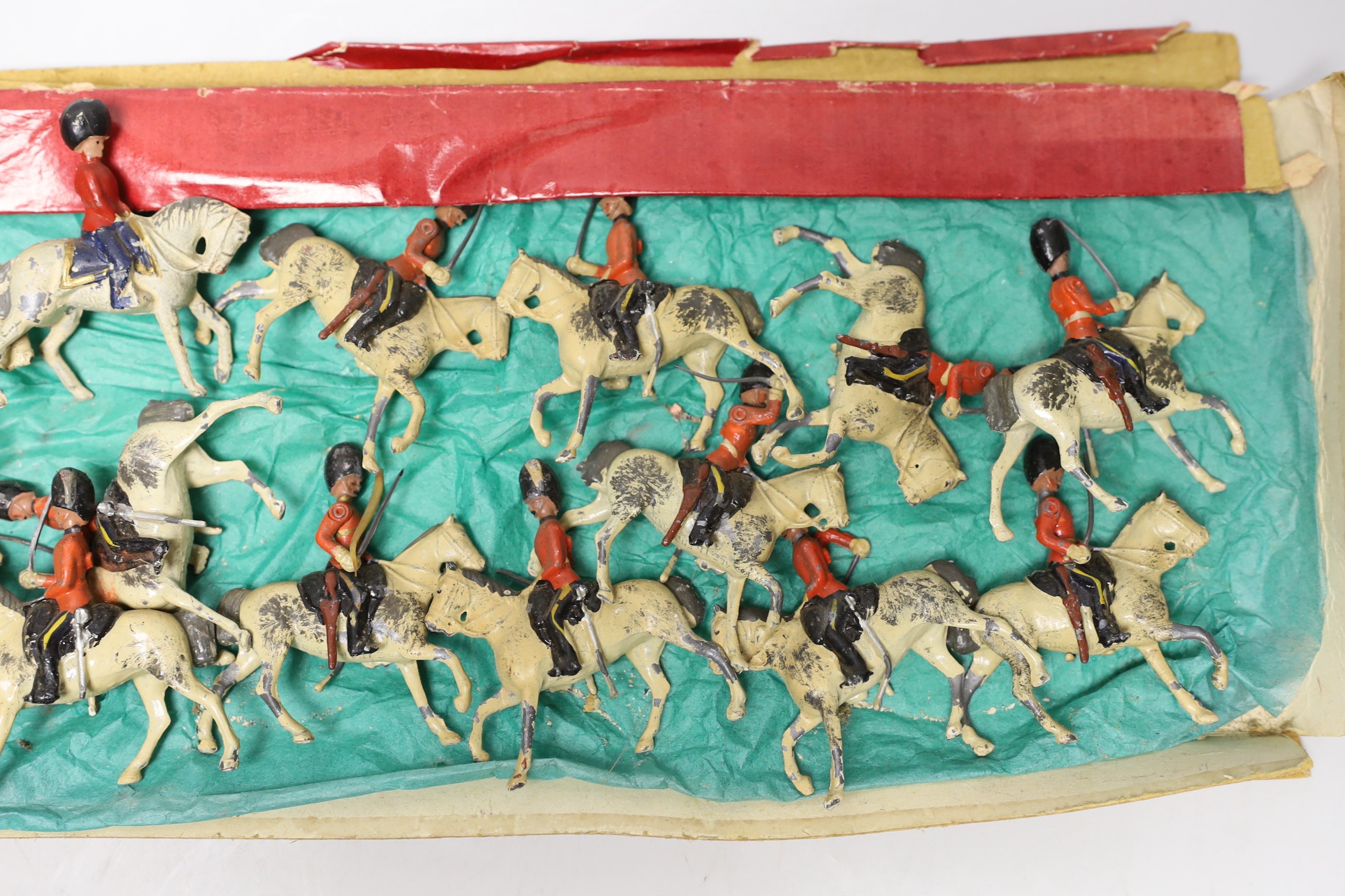 Britains from set 59, Royal Scots Greys, pre-war, sixteen total, in box